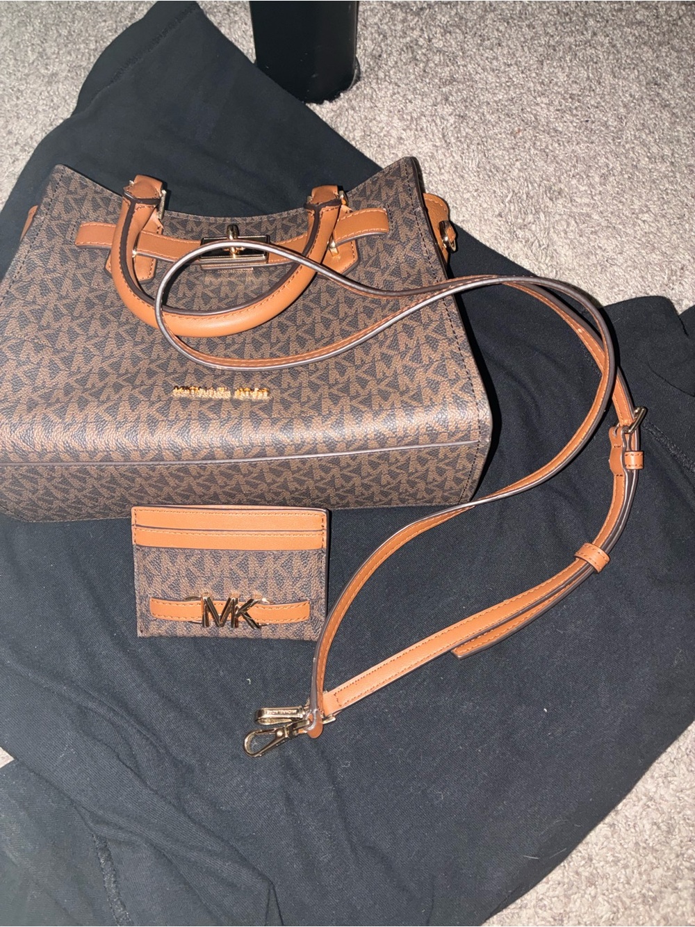 Michael Kors Brown & Tan MK Signature Satchel with Cardholder